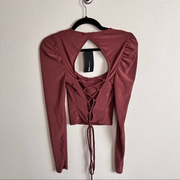 NWT Marsala Brown Puff Sleeve Square Neck Lace Up Long Sleeve Crop Top - Picture 3 of 15